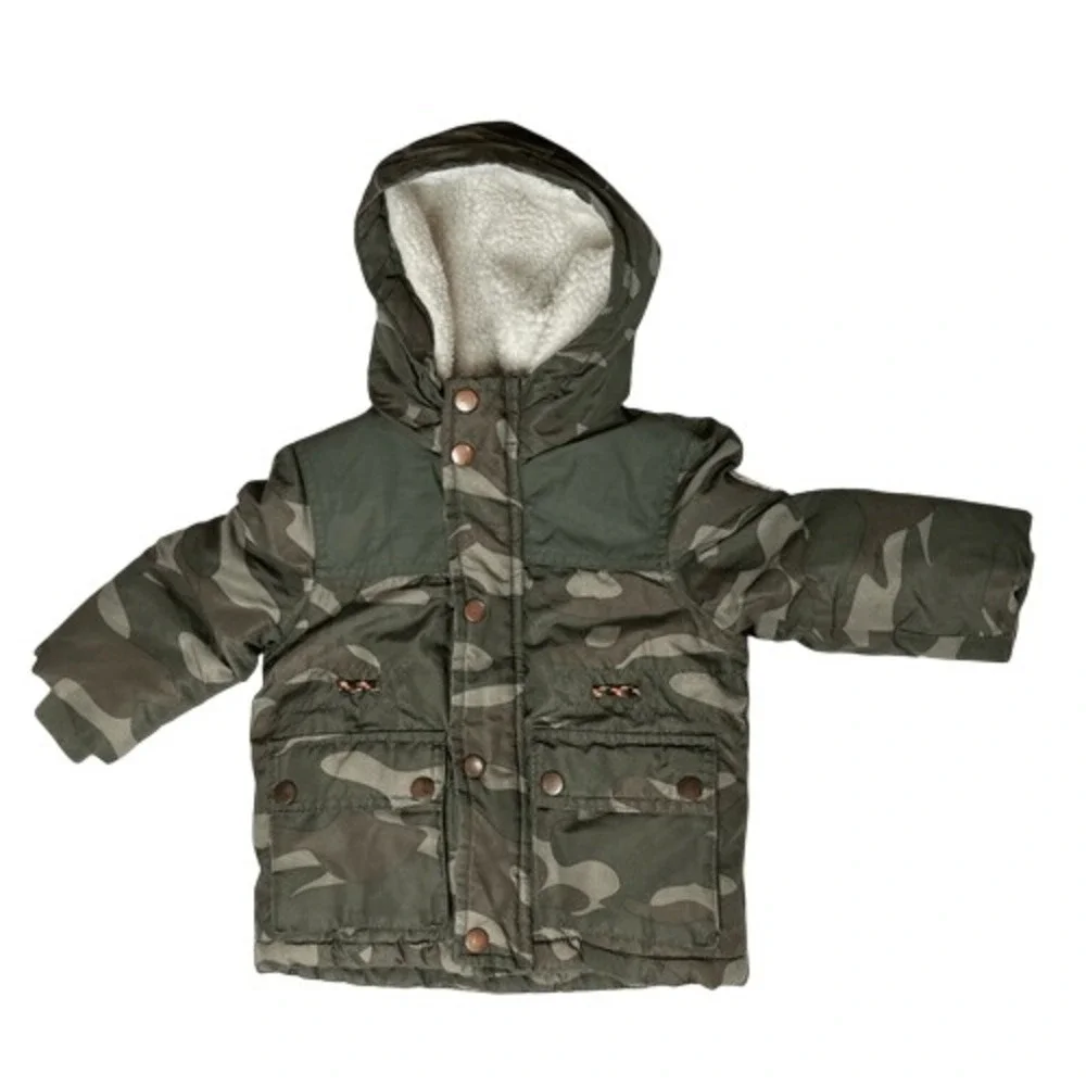 Oshkosh B'gosh Green Camouflage Coat Insulated Shearling Hood‎ Toddler 2T Nature